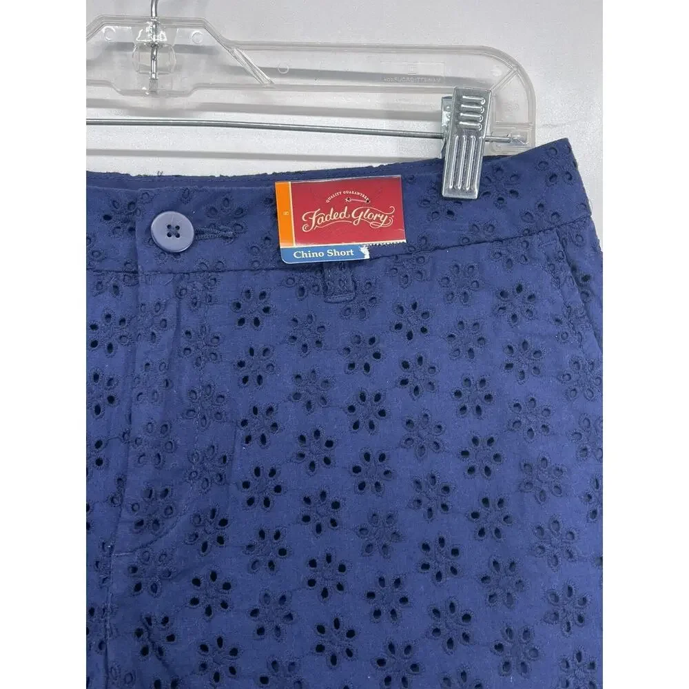 Faded Glory Navy Blue Eyelet Peppy Summer Festival Shorts Size 8 32”‎ Waist NEW